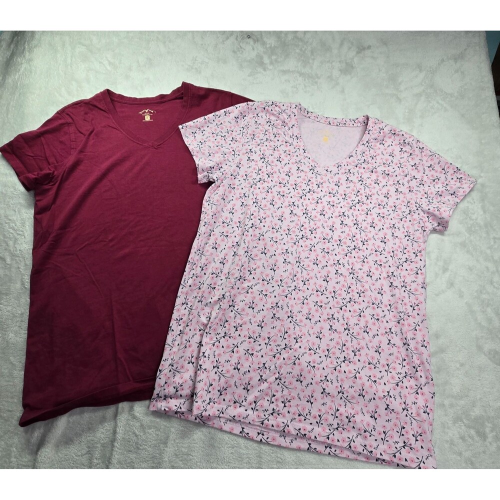 2 Blue Mountain V Neck T Shirt Women's Large Pink Burgundy Short Sleeve Casual